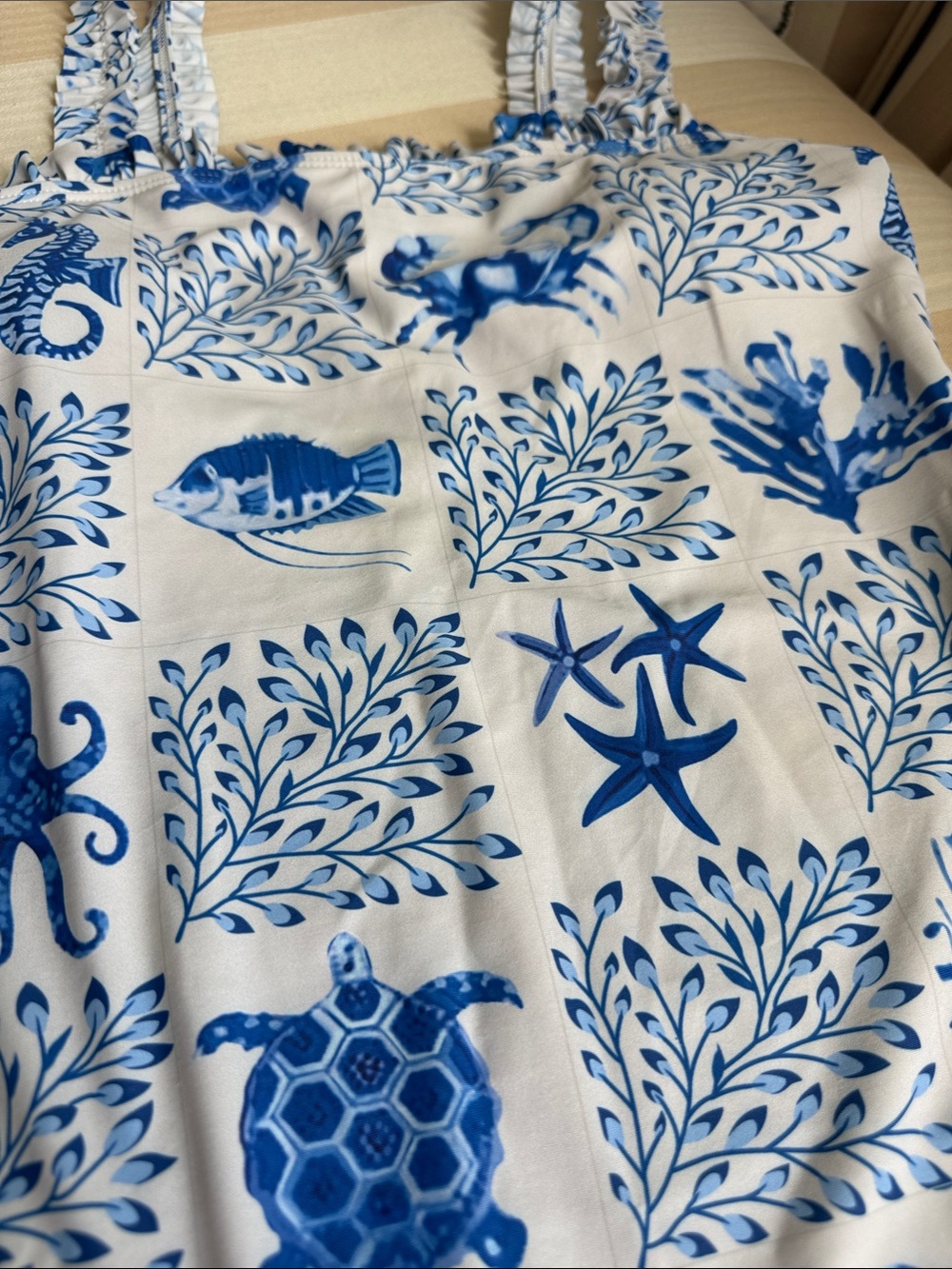 Blue & White Sea Life One-Piece Swimsuit + Matching Skirt - Picture 2 of 7